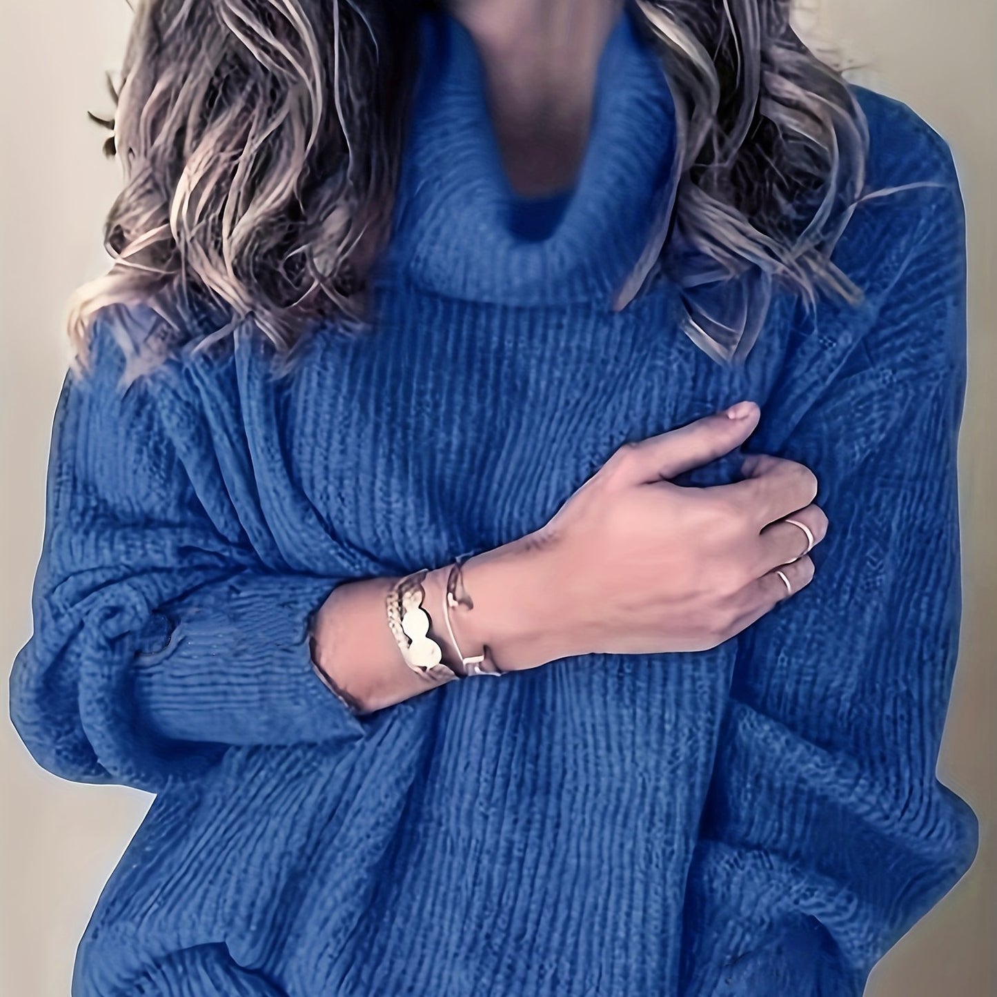 gbolsos   Plus Size Casual Sweater, Women's Plus Solid Ribbed Turtle Neck Long Sleeve Medium Stretch Sweater