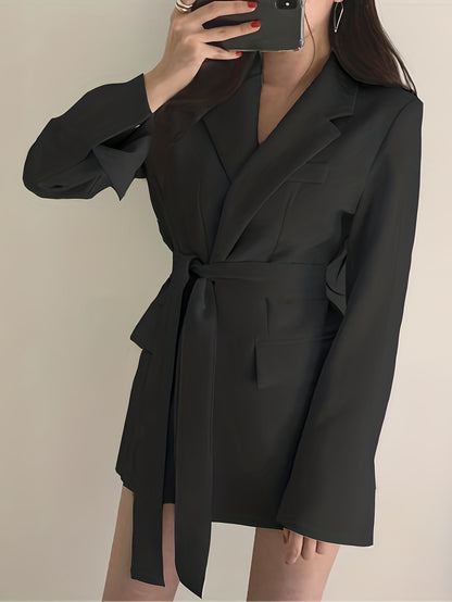 gbolsosSolid Tie-waist Lapel Blazer, Elegant Long Sleeve Outerwear For Work & Office, Women's Clothing