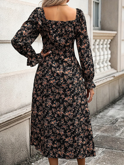 gbolsos  Floral Print Long Sleeve Dress, Chic Square Neck Dress For Spring & Fall, Women's Clothing