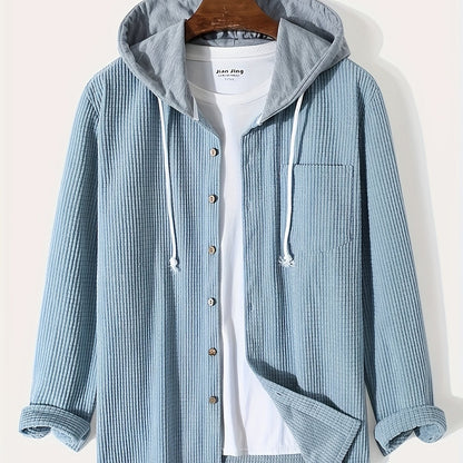 gbolsos  Waffle Pattern Hoodie Shirt Coat For Men Long Sleeve Casual Regular Fit Button Up Hooded Shirts Jacket