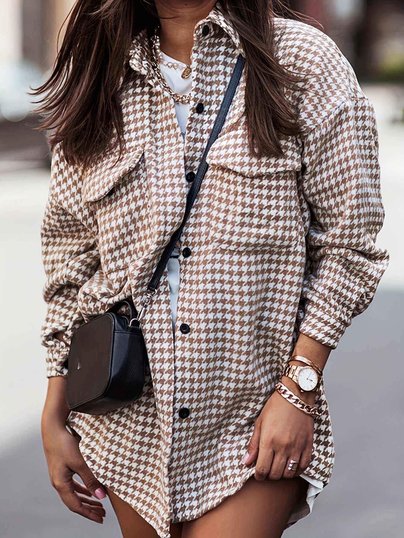 gbolsos  Houndstooth Print Shacket Jacket, Casual Button Front Long Sleeve Outerwear, Women's Clothing
