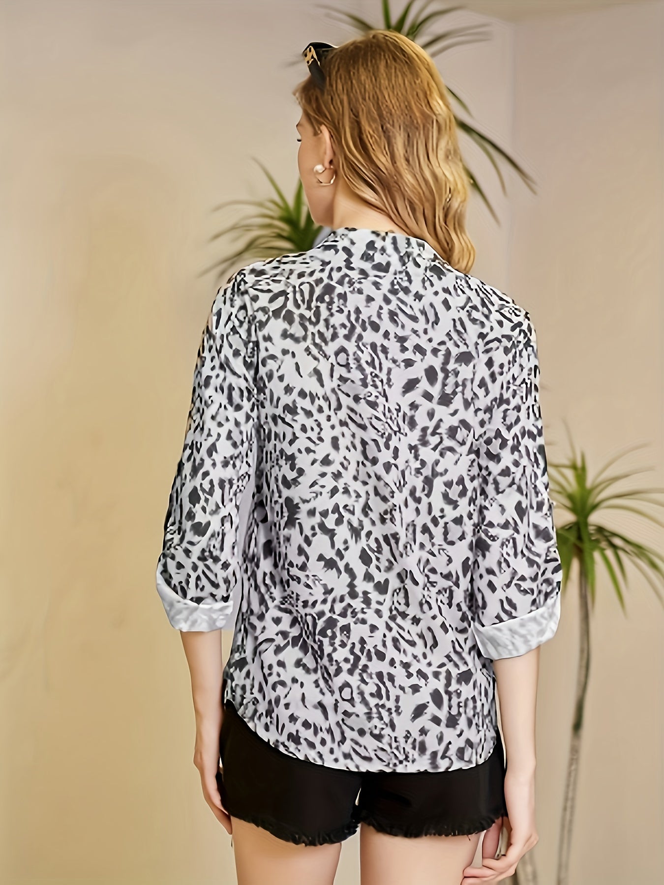 gbolsos  Leopard Print V-neck Loose Blouses, Casual Button Down Long Sleeve Fashion Shirts Tops, Women's Clothing