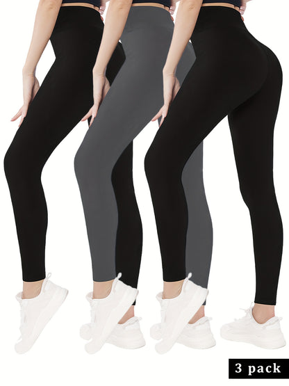 gbolsosSolid High Waist Skinny 3 Pieces Set Leggings, Workout Spring & Fall Leggings, Women's Clothing