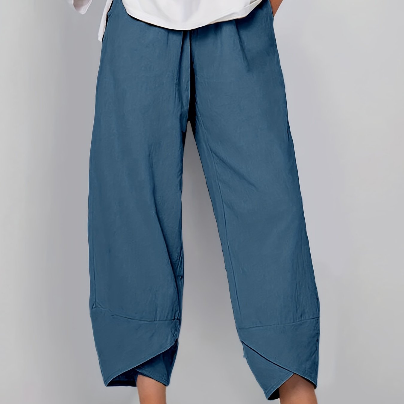 gbolsos  Loose Pocket Pants, Casual Elastic Waist Solid Fashion Comfy Spring & Summer Pants, Women's Clothing
