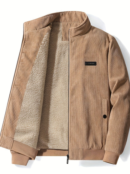 gbolsos  Warm Fleece Corduroy Jacket, Vintage Style Stand Collar Stretch Jacket Coat For Fall Winter