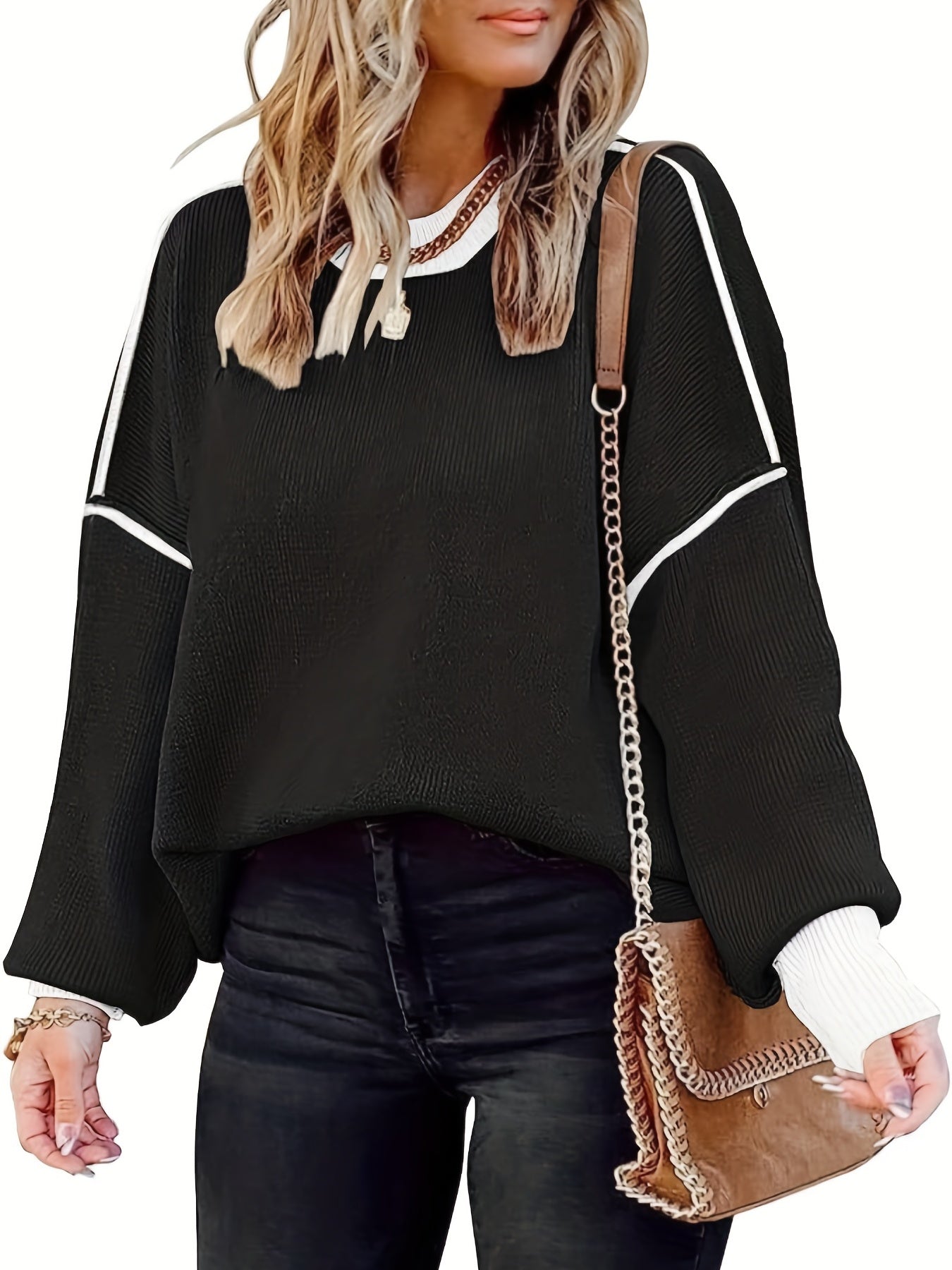 2025 gbolsos  Top Stitching Crew Neck Sweater, Vintage Long Sleeve Sweater For Fall & Winter, Women's Clothing