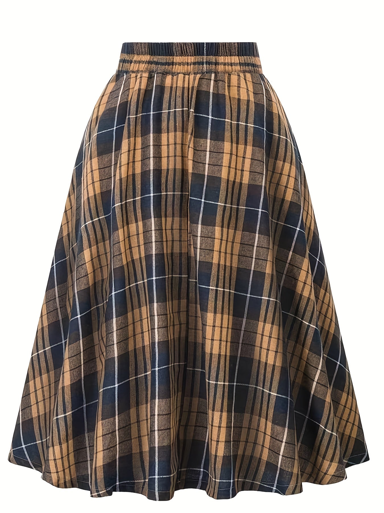 gbolsos  Plus Size Grunge Skirt, Women's Plus Plaid Print Button Decor Elastic Ruffle Skirt