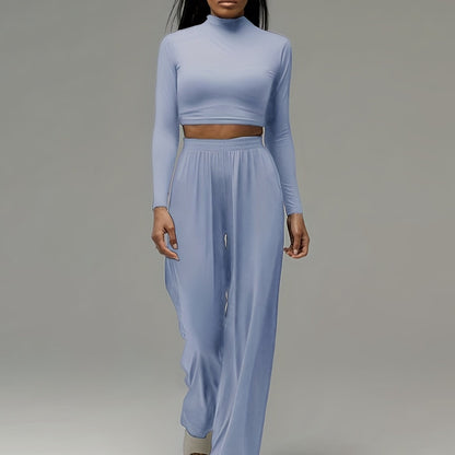 gbolsos  Solid Casual Two-piece Set, Mock Neck Long Sleeve Tops & High Waist Wide Leg Pants Outfits, Women's Clothing