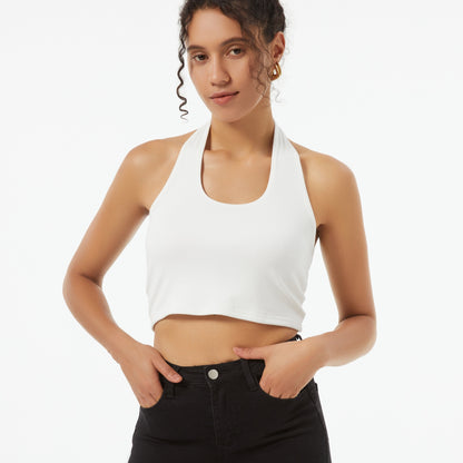 Solid Halter Neck Crop Top, Sexy Backless Halter Top For Summer, Women's Clothing