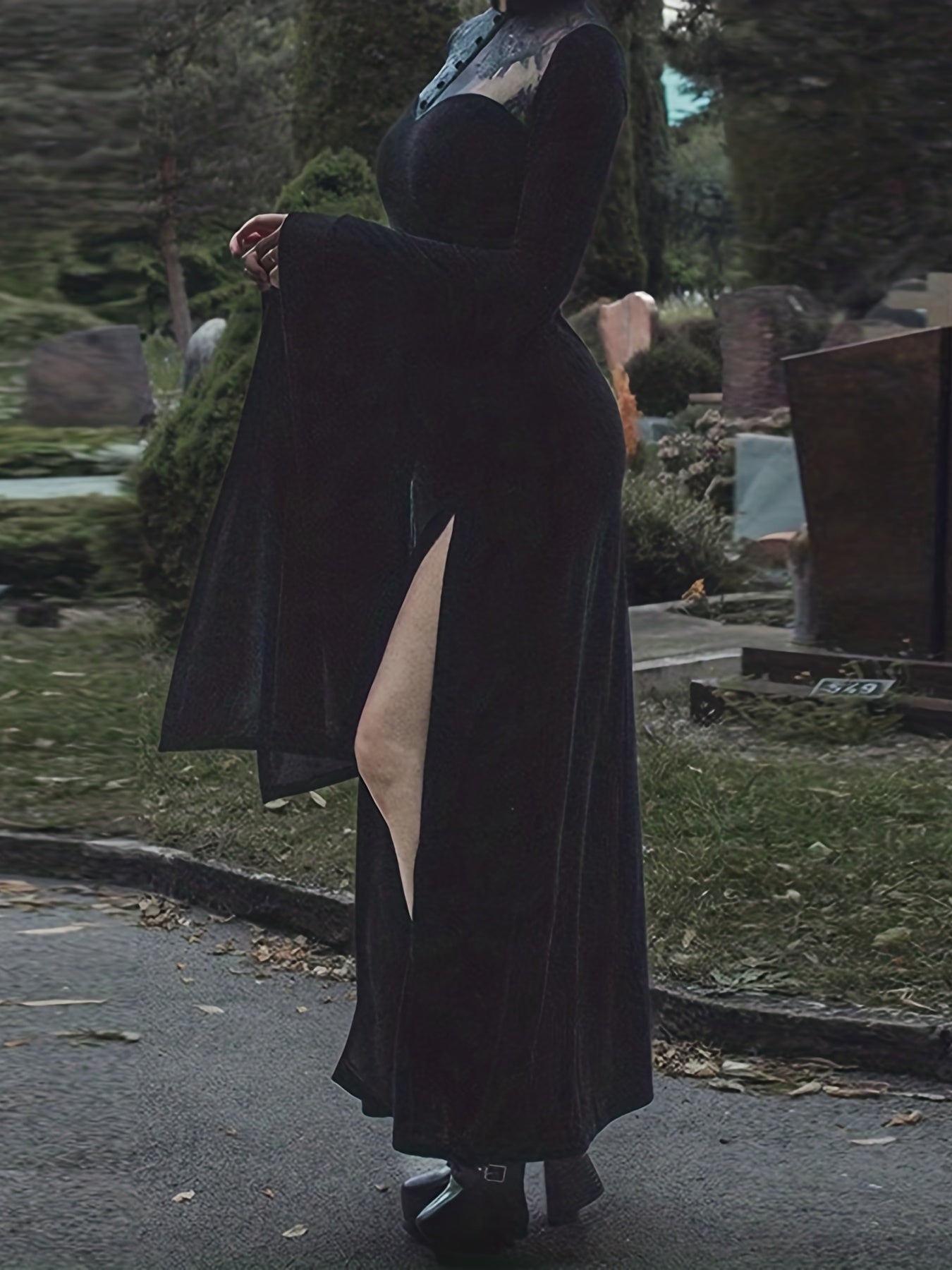 Gothic Contrast Lace Solid Dress, Gothic Flared Sleeve Maxi Halloween Dress, Women's Clothing