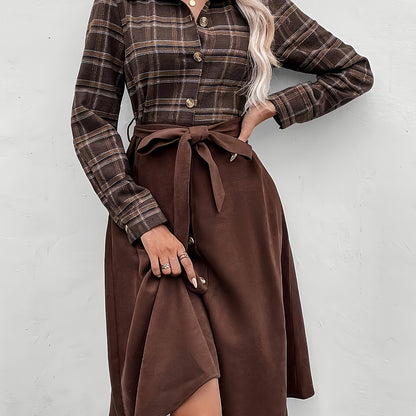gbolsos Plaid Print Button Front Splicing Dress, Elegant Long Sleeve Dress, Women's Clothing