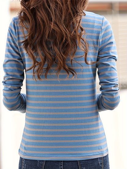 gbolsos  Striped Print Button Front T-Shirt, Casual Long Sleeve T-Shirt For Spring & Fall, Women's Clothing