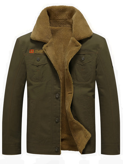 gbolsos  Men's Warm Fleece Cotton Jacket For Fall Winter, Casual Lapel Biker Jacket Coat