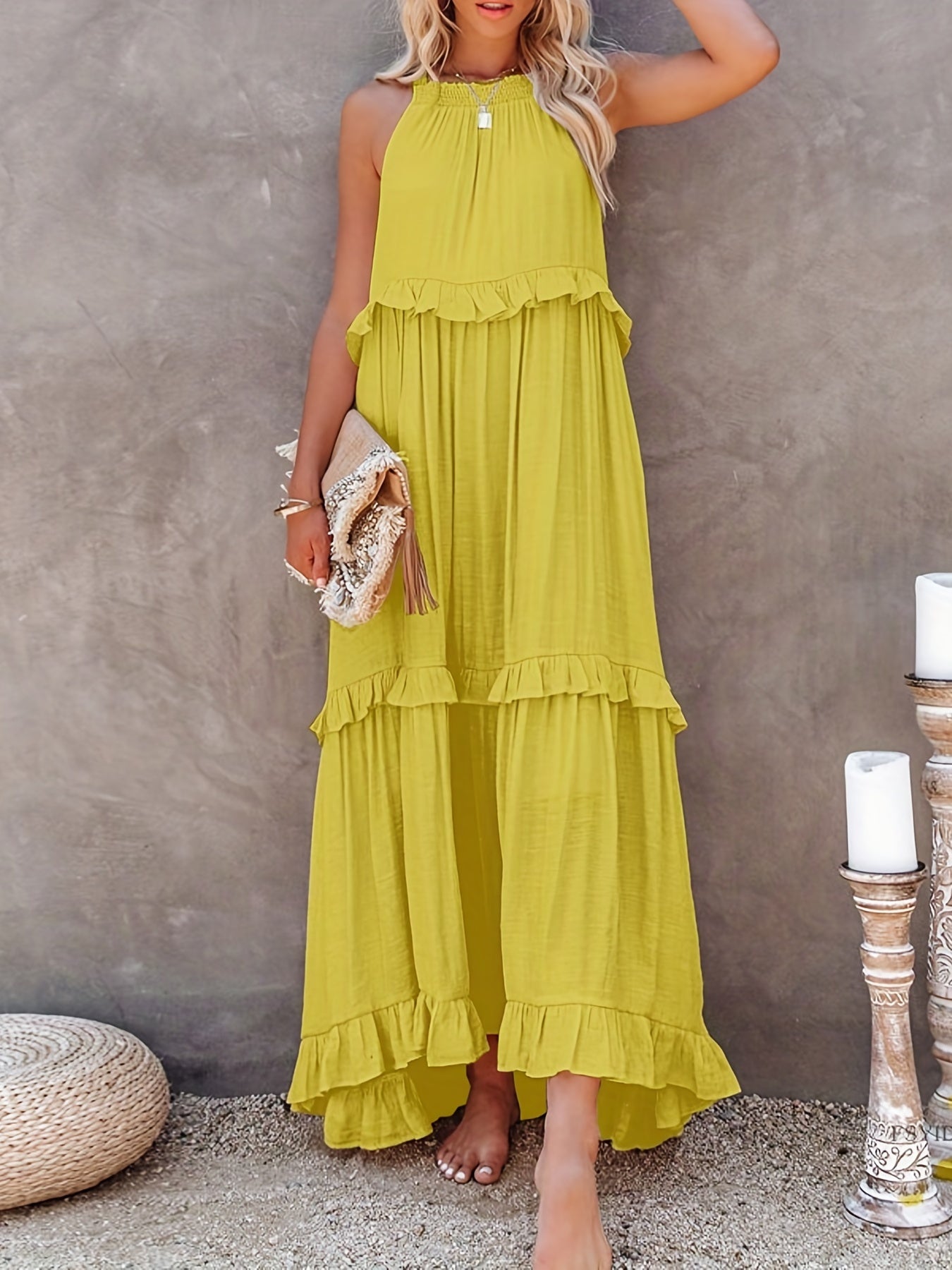 gbolsos  Tiered Ankle Tank Dress, Casual Backless Halter Neck Dress For Summer, Women's Clothing