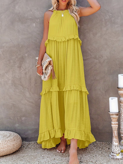gbolsos  Tiered Ankle Tank Dress, Casual Backless Halter Neck Dress For Summer, Women's Clothing