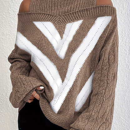 gbolsos  Plus Size Casual Sweater, Women's Plus Geometric Print Cold Shoulder Long Sleeve Slight Stretch Turtle Neck Sweater