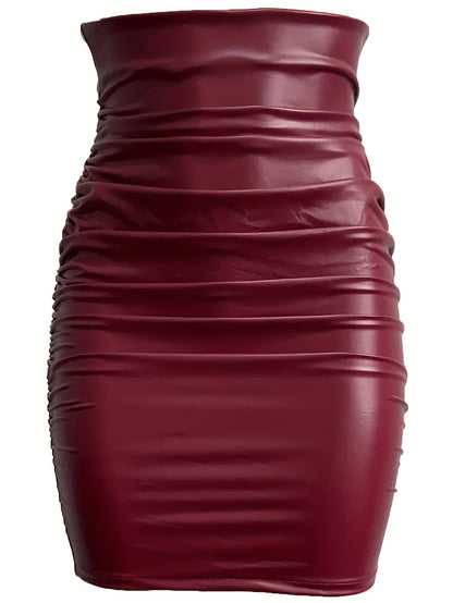 Ruched PU Leather Bodycon Skirt, Sexy High Waist Skirt For Nightclub, Women's Clothing
