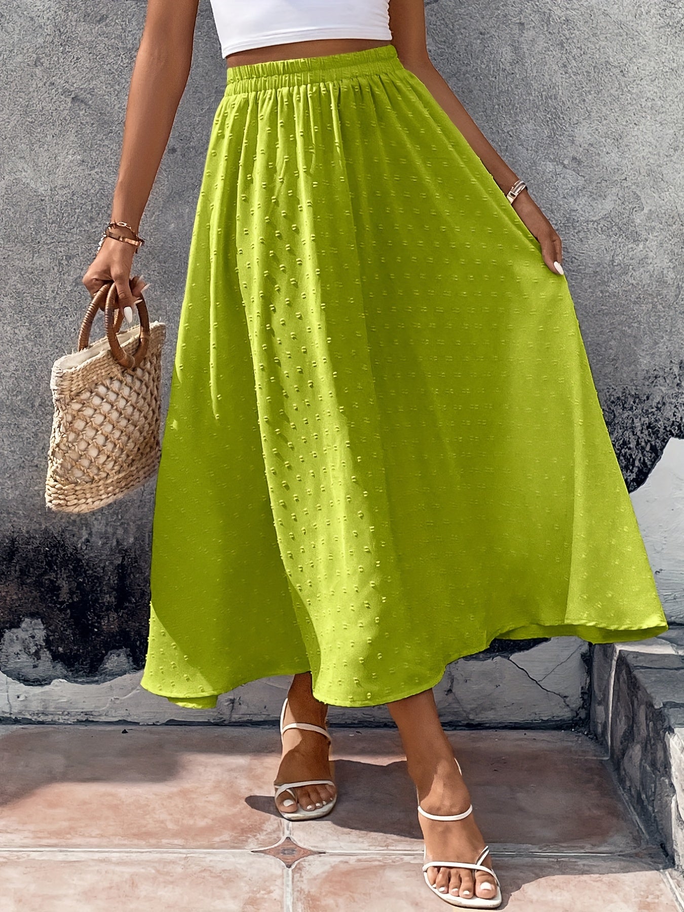 Swiss Dot Elastic Waist Skirt, Casual Ruffle Hem Skirt For Spring & Summer, Women's Clothing