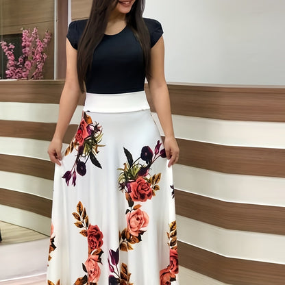 gbolsos  Floral Print Splicing Dress, Elegant Crew Neck Short Sleeve Pleated Maxi Dress, Women's Clothing
