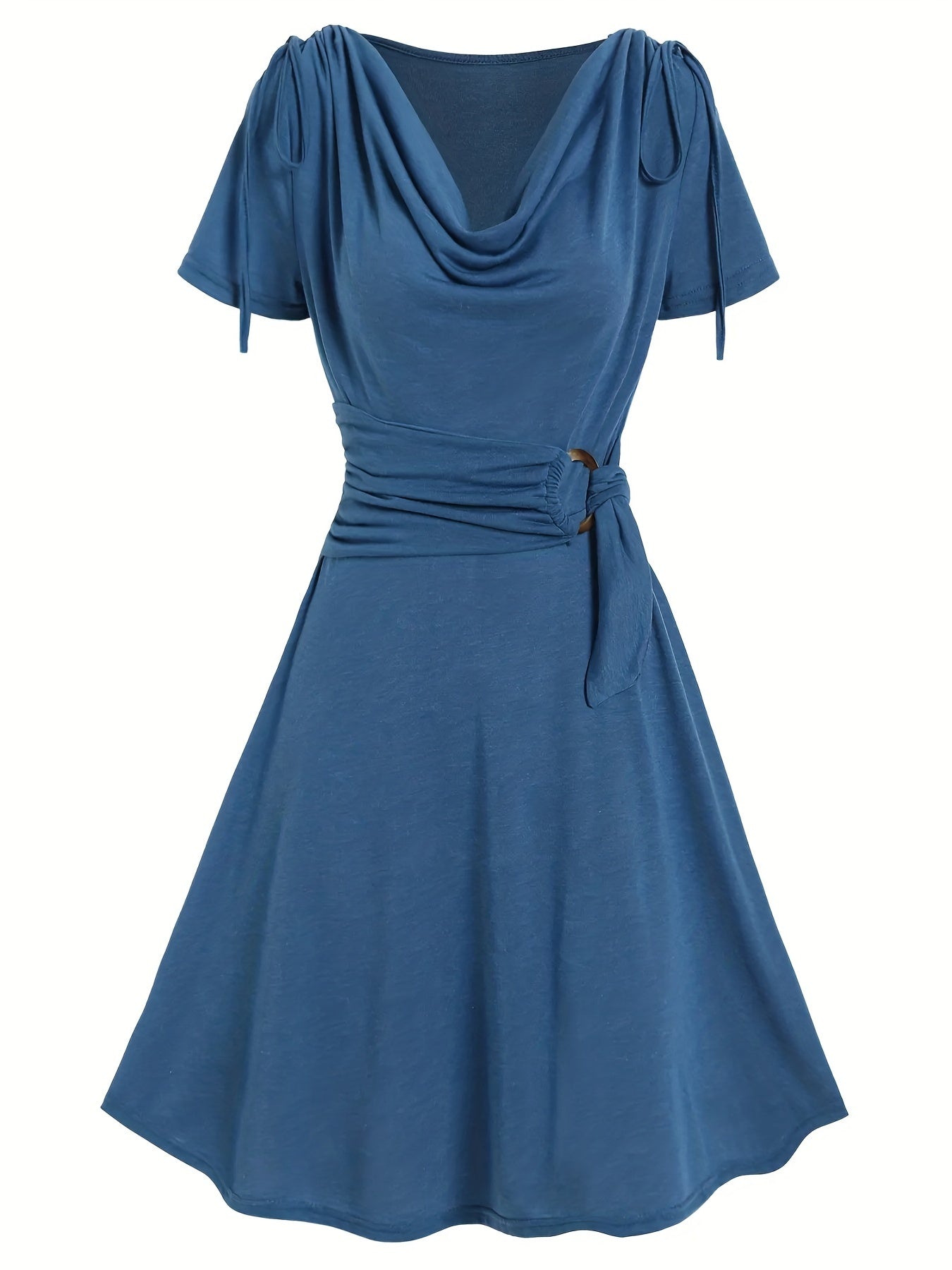 Solid Draped Drawstring Dress, Elegant V Neck Short Sleeve Pleated Dress, Women's Clothing