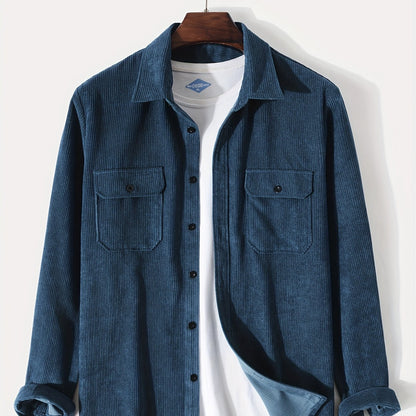 gbolsos  Men's Retro Corduroy Shirt Top Turn-Down Collar Long Sleeve Closure Regular Fit Solid Male Casual Shirt For Daily