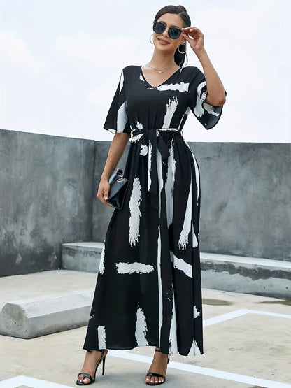 gbolsos  Flutter Sleeve Belted Maxi Dress, Casual Dress For Spring & Summer, Women's Clothing
