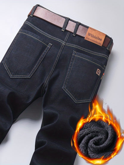 gbolsos  Warm Fleece Straight Leg Jeans For Business, Men's Casual Stretch Thick Denim Pants For Fall Winter
