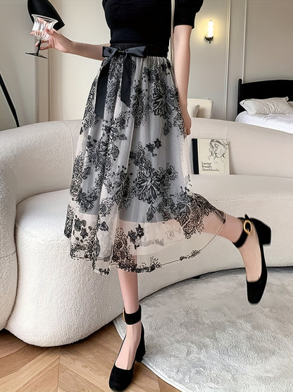Contrast Mesh Knotted Skirts, Elegant A Line Skirts For Spring & Summer, Women's Clothing
