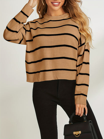 Stripe Print Drop Shoulder Knit Sweater, Casual Crew Neck Long Sleeve Pullover Sweater, Women's Clothing