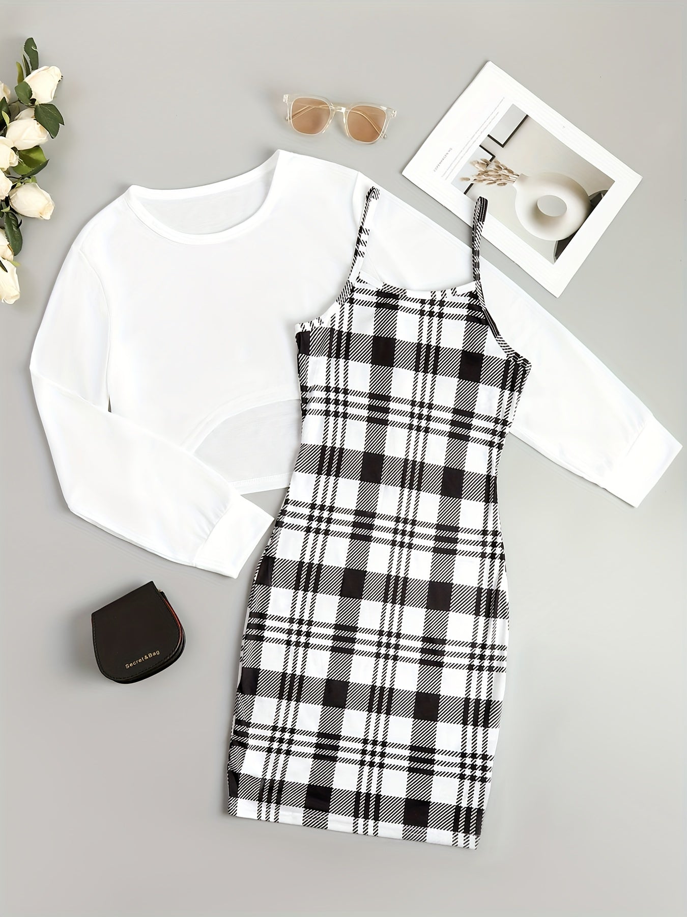 gbolsos  Casual Two-piece Dress Set, Asymmetrical Hem Long Sleeve Crop T-shirt & Plaid Pattern Cami Dress Outfits, Women's Clothing