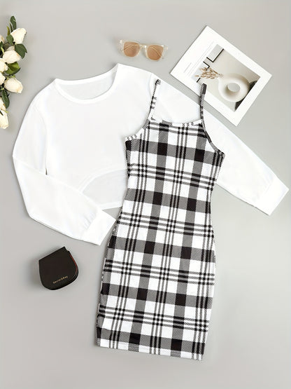 gbolsos  Casual Two-piece Dress Set, Asymmetrical Hem Long Sleeve Crop T-shirt & Plaid Pattern Cami Dress Outfits, Women's Clothing