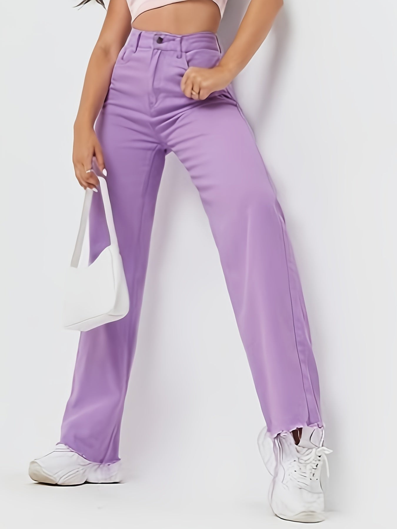 gbolsos  Purple Raw Hem Straight Jeans, Loose Fit Slant Pockets Wide Legs Jeans, Women's Denim Jeans & Clothing