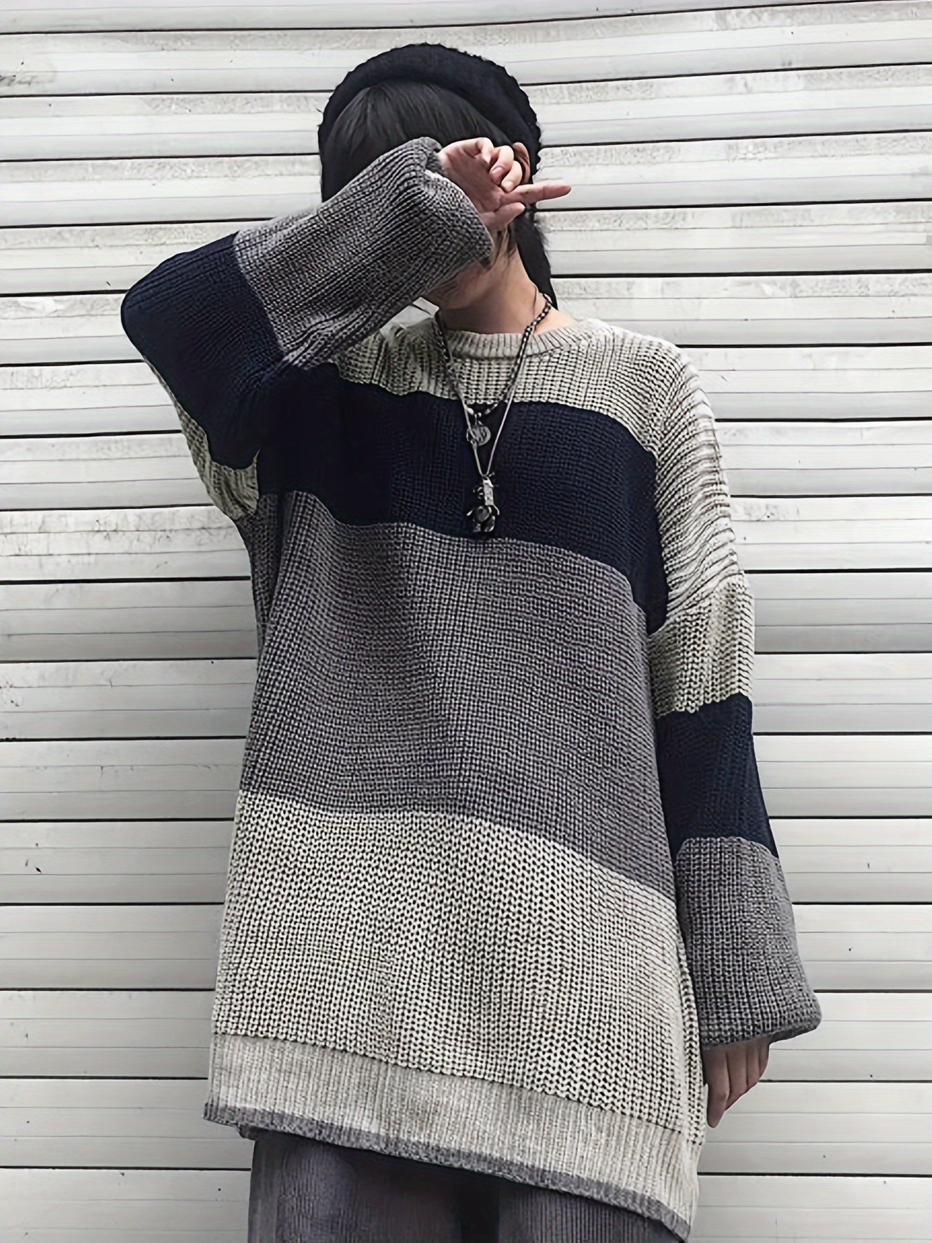 gbolsos Color Block Crew Neck Pullover Sweater, Vintage Long Sleeve Oversized Slouchy Sweater, Women's Clothing