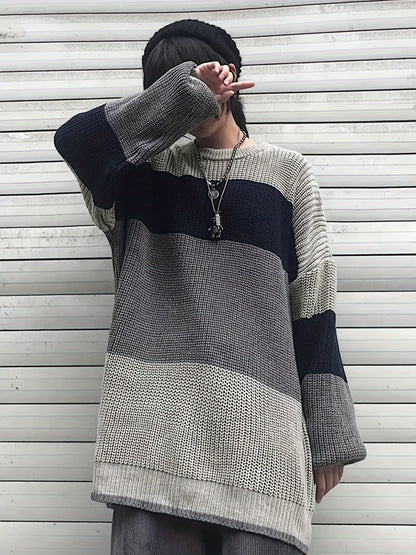 gbolsos Color Block Crew Neck Pullover Sweater, Vintage Long Sleeve Oversized Slouchy Sweater, Women's Clothing