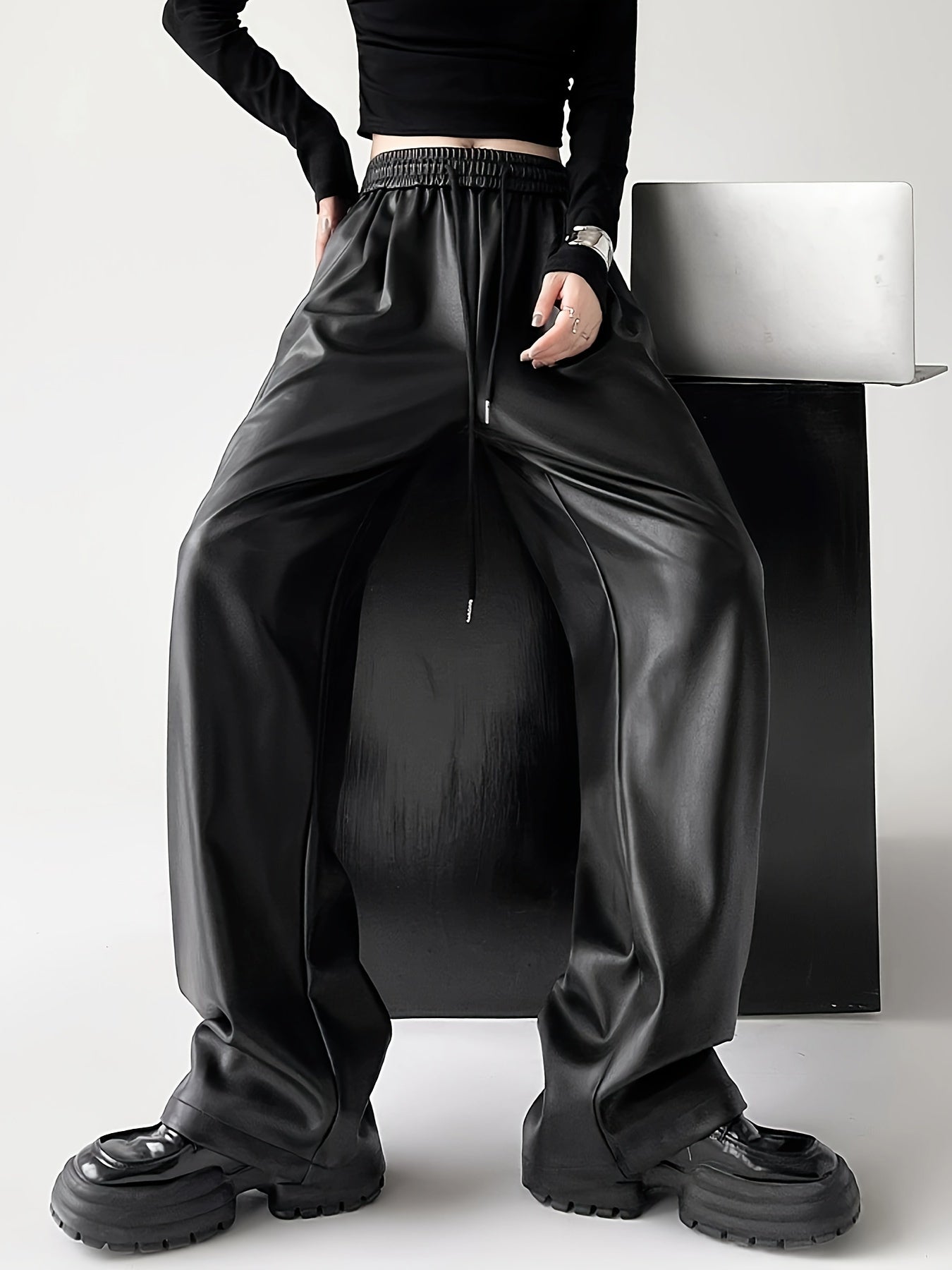 gbolsos  Plain Black Coated Glossy Denim Pants, Drawstring Loose Fit Punk Street Style Medium Stretch Jeans, Women's Denim Jeans & Clothing