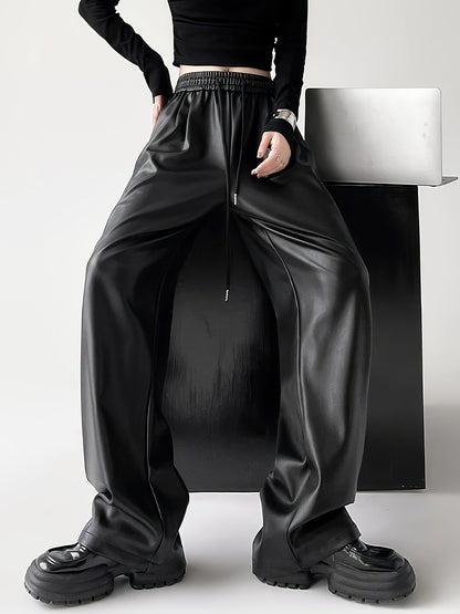 gbolsos  Plain Black Coated Glossy Denim Pants, Drawstring Loose Fit Punk Street Style Medium Stretch Jeans, Women's Denim Jeans & Clothing