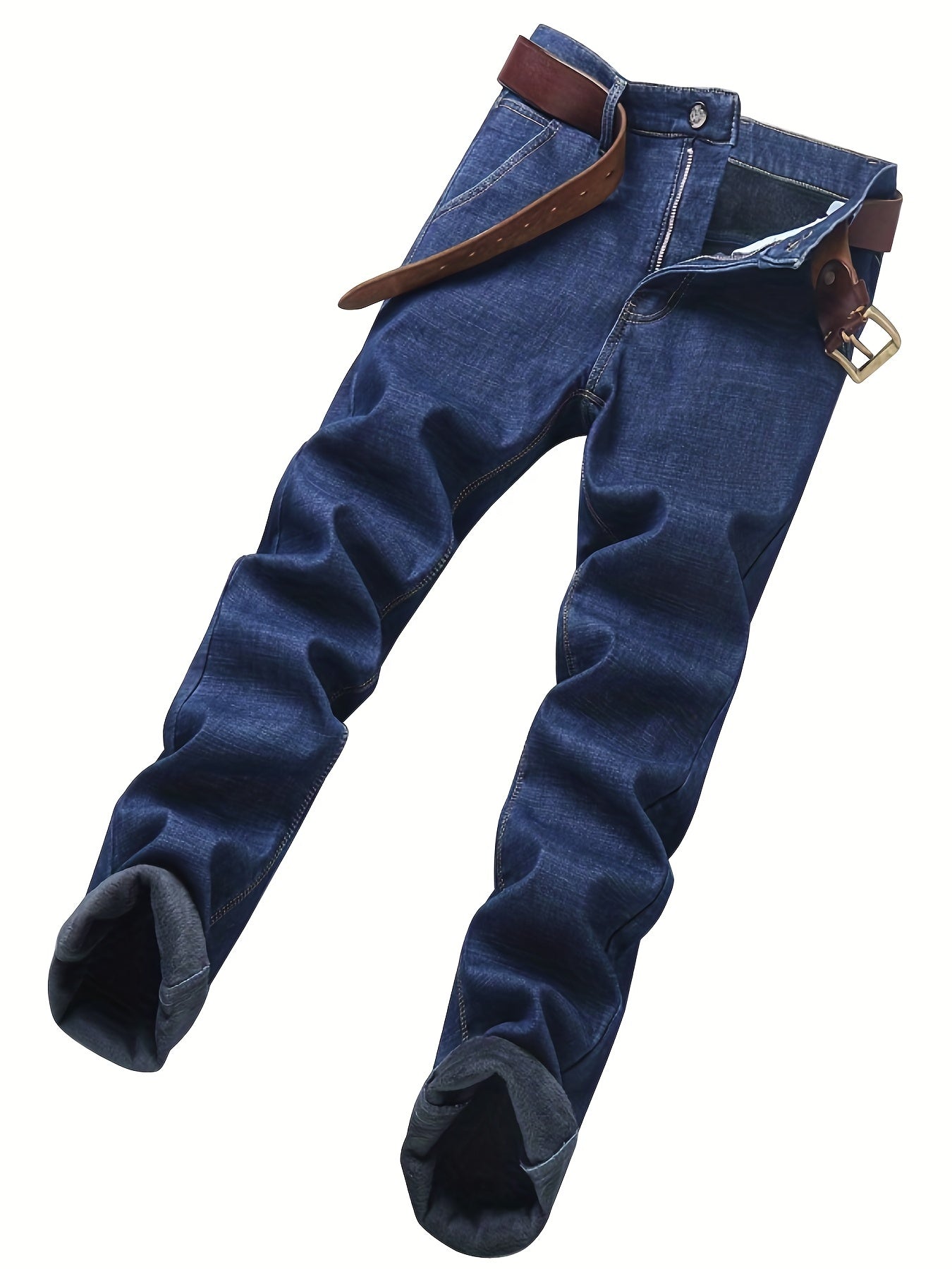 gbolsos  Warm Fleece Straight Leg Jeans For Business, Men's Casual Stretch Thick Denim Pants For Fall Winter
