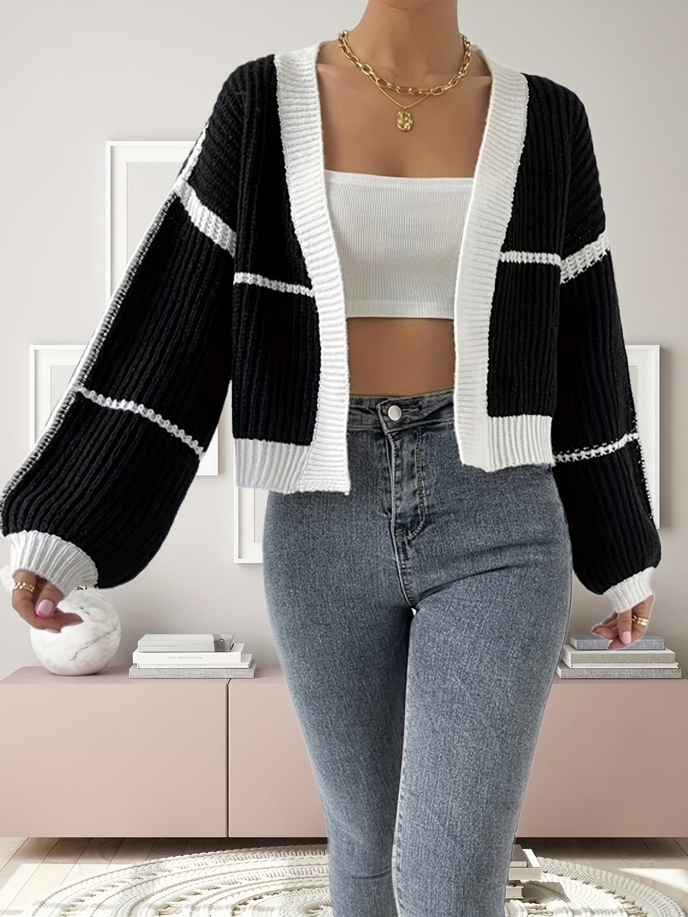 gbolsos  Contrast Color Open Front Cardigan, Casual Loose Lantern Sleeve For Spring & Summer, Women's Clothing