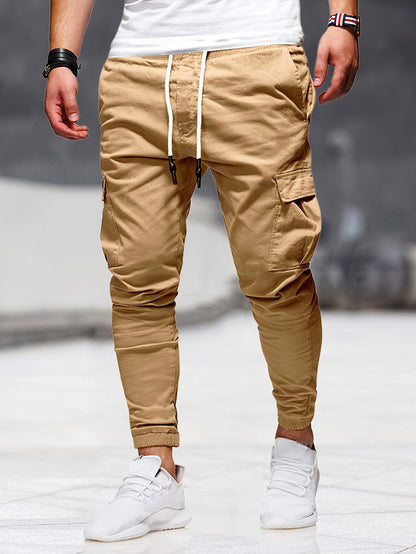 gbolsos  Solid Multi Flap Pockets Men's Drawstring Cargo Pants, Slim Fit Elastic Casual Outdoor Pants, Men's Work Pants