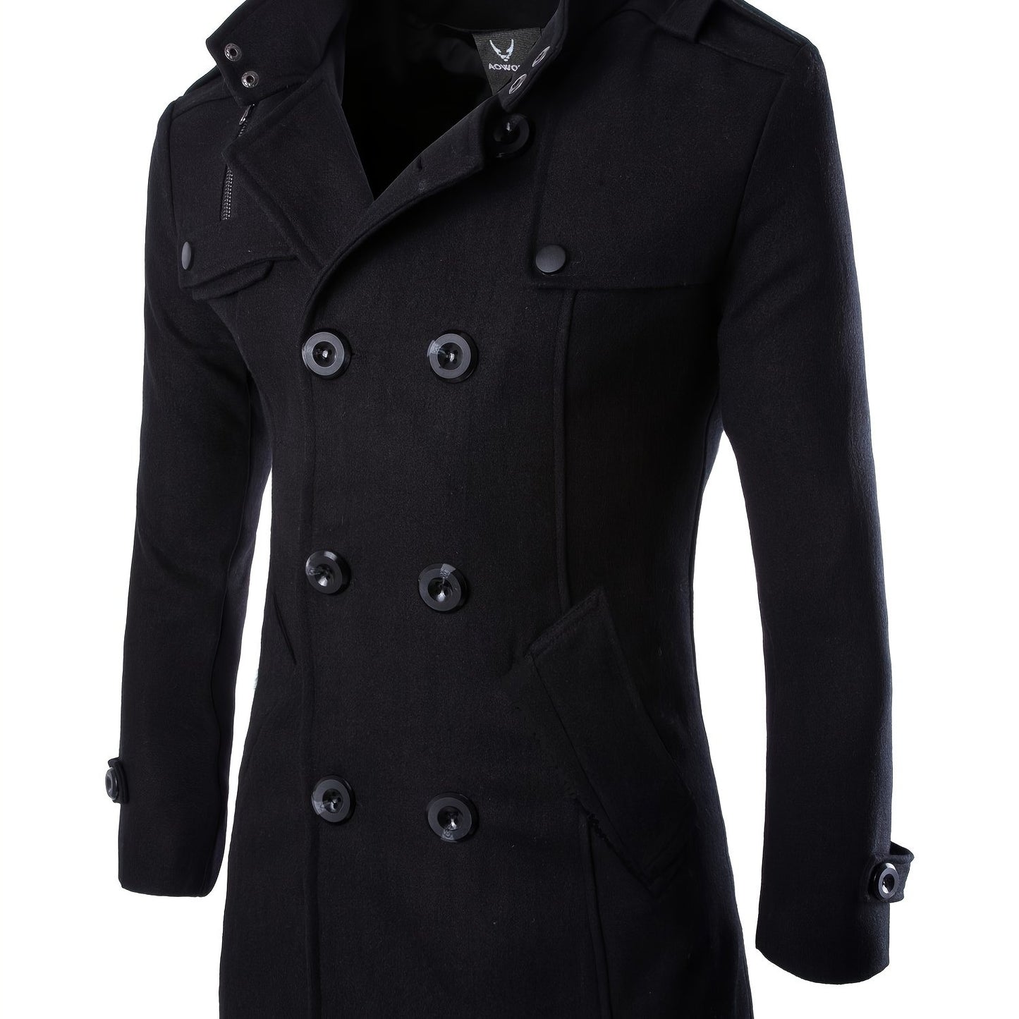 gbolsos  Men's Mid Long Wool Woolen Pea Coat Double Breasted Stand Collar Overcoat Winter Trench Coat