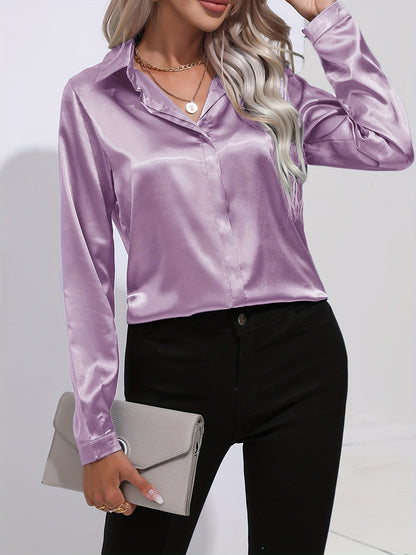 Elegant Satin Blouse, Collar Long Sleeve Work Blouse, Women's Clothing