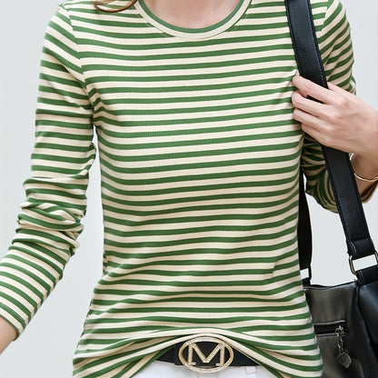 gbolsos  Striped Print Crew Neck T-Shirt, Casual Long Sleeve T-Shirt For Spring & Fall, Women's Clothing