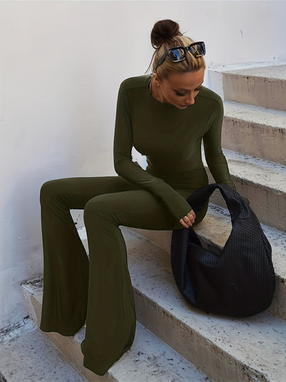 gbolsos  Backless Flared Leg Jumpsuit, Sexy Solid Long Sleeve Crew Neck Jumpsuit, Women's Clothing