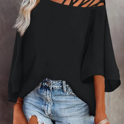 2025 gbolsos  Cold Shoulder Criss Cross T-Shirt, Casual Crew Neck Long Sleeve T-Shirt For Spring & Summer, Women's Clothing