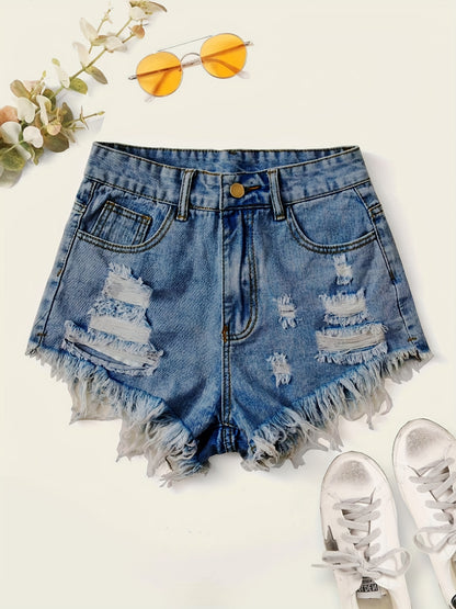 gbolsosHigh Waist Distressed Ripped Shorts, Raw Hem Slash Pockets Vintage Denim Pants, Women's Denim Jeans & Clothing
