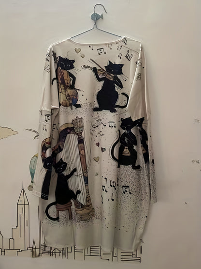 Cat Print Dual Pockets Dress, Casual V Neck Long Sleeve Dress, Women's Clothing