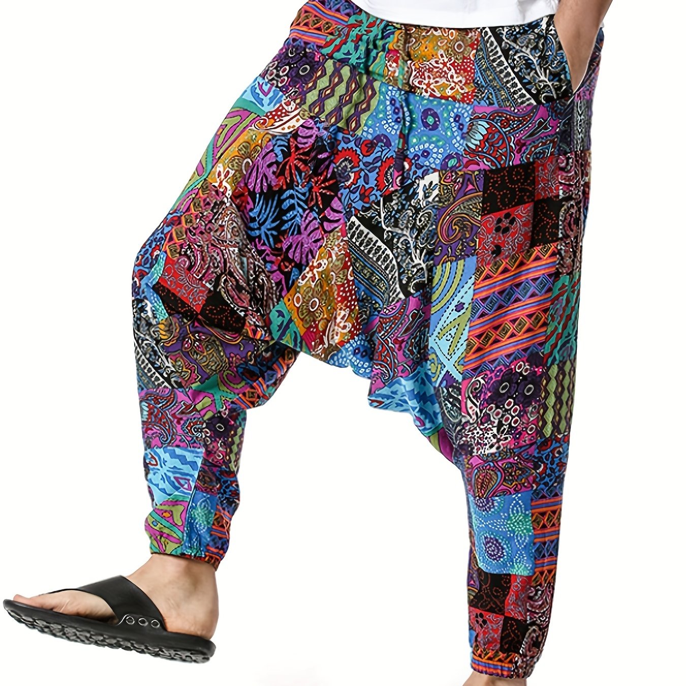 gbolsos Ethnic Pattern Vintage Cotton Harem Pants, Men's Casual Drop Crotch Jogging Harem Pants For Spring Summer