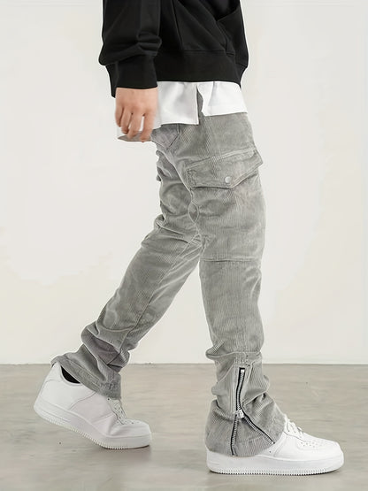 gbolsos  Trendy Zipper Slit Bottom Cargo Pants, Men's Solid Multi Flap Pocket Trousers, Casual Outdoor Pants, Men's Work Pants Outdoors Streetwear Hiphop Style