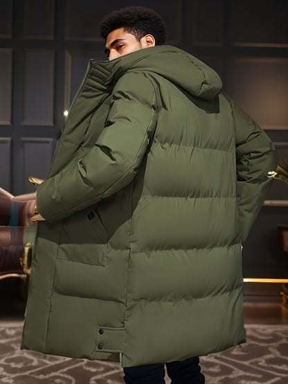 gbolsos  Warm Hooded Mid-length Jacket, Men's Casual Zip Up Cotton Padded Jacket Overcoat For Fall Winter Outdoor