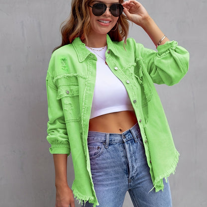 gbolsos  Ripped Raw Edge Oversized Denim Jacket, Distressed Collar Long Sleeves Denim Coat, Flap Pockets Single-breasted Button Up Loose Denim  Jacket, Women's Denim Jeans & Clothing